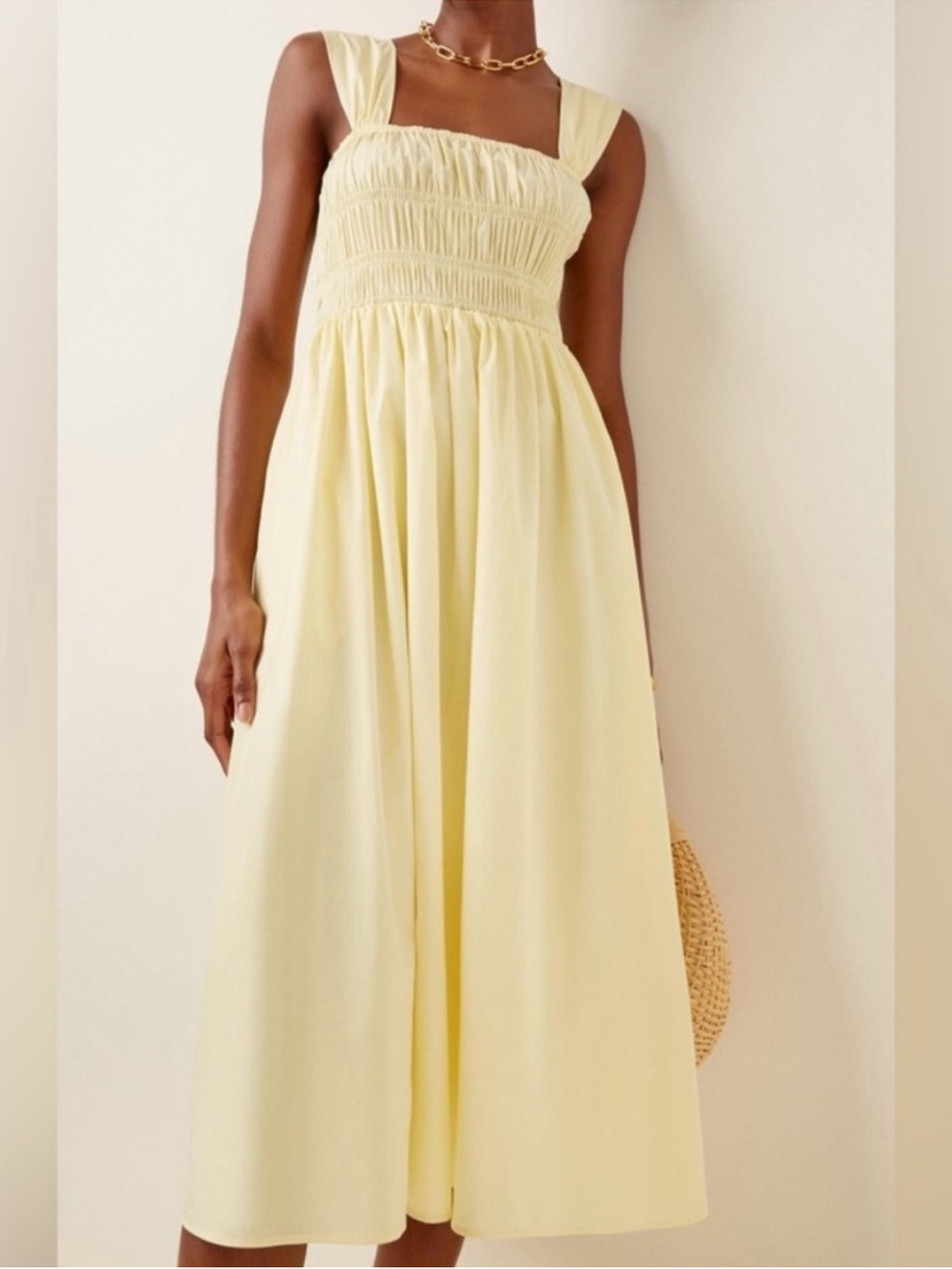 STAUD Smocked Square-Neck Lemon Midi Dress